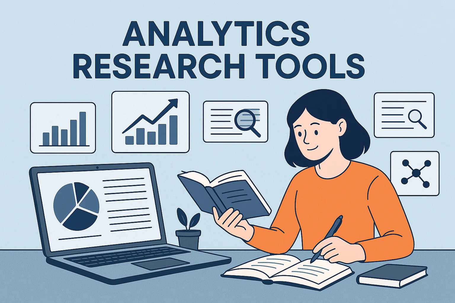 Flat design illustration of a student using a laptop and books with data charts and research icons, representing the use of analytics research tools
