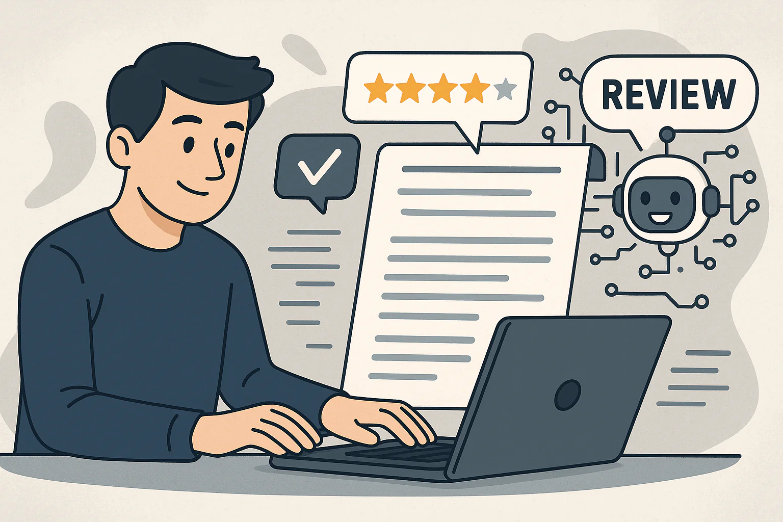 Young man using AI-powered review generator on a laptop with floating digital elements and a smiling robot icon.