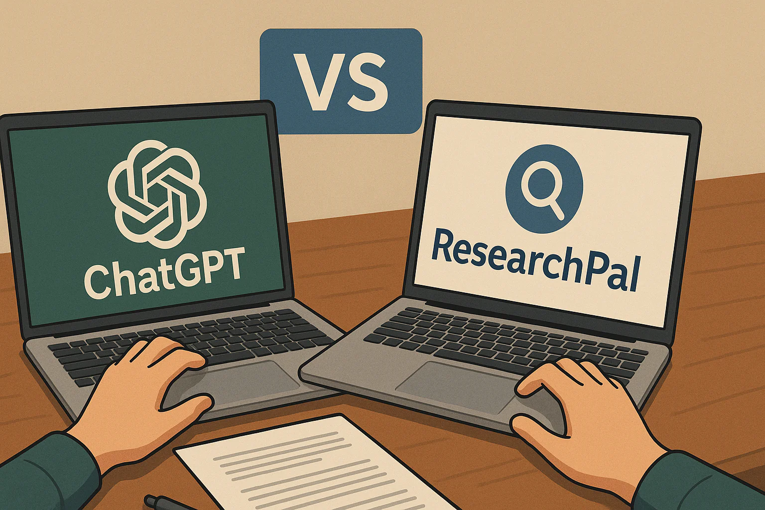 Side-by-side laptops displaying ChatGPT vs ResearchPal logos with a document and typing hands on a desk for academic writing.