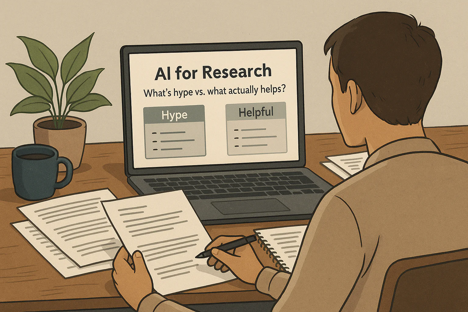Researcher comparing AI for Research tools showing hype vs helpful features