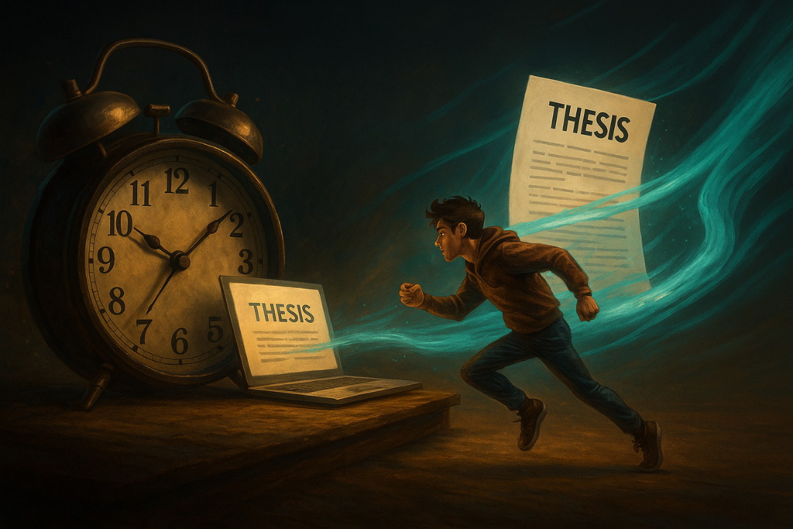 Student racing against time toward a glowing thesis powered by AI