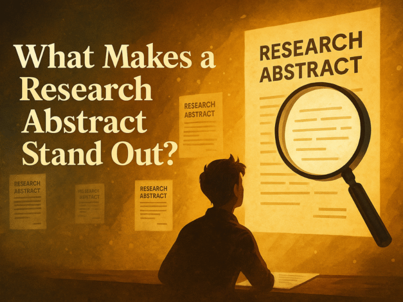 Person examining standout research abstracts under magnifying glass