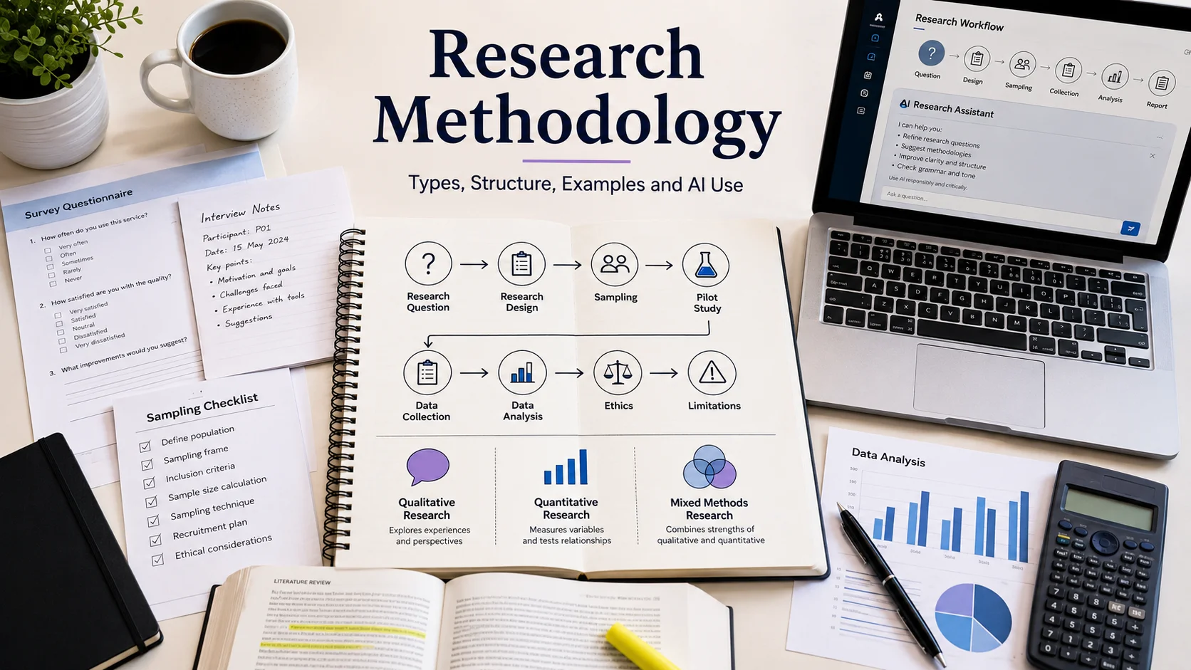 Research methodology workspace showing research design, sampling, pilot study, data collection, analysis, ethics, limitations and responsible AI use.