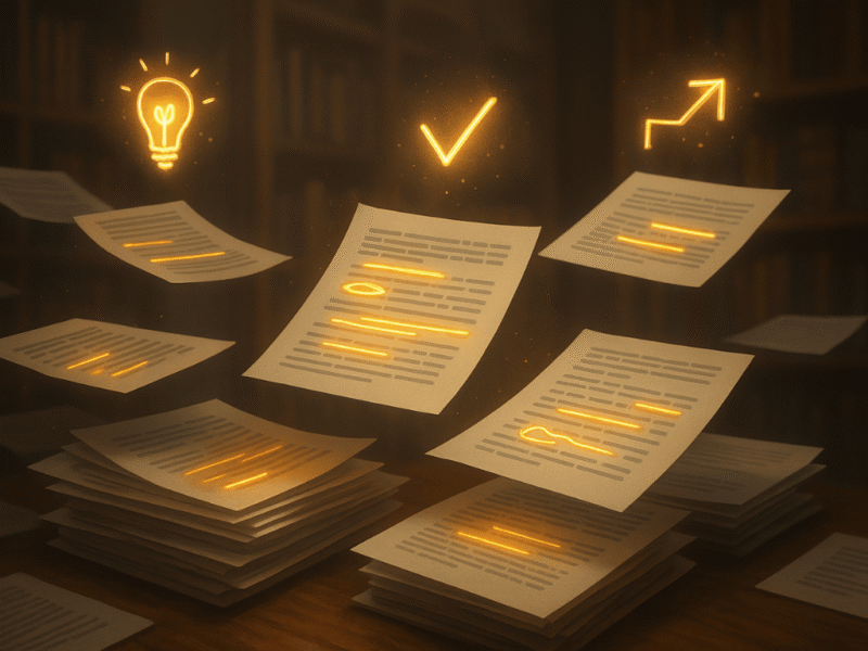 Floating research papers with glowing annotations transforming into organized icons for faster recall