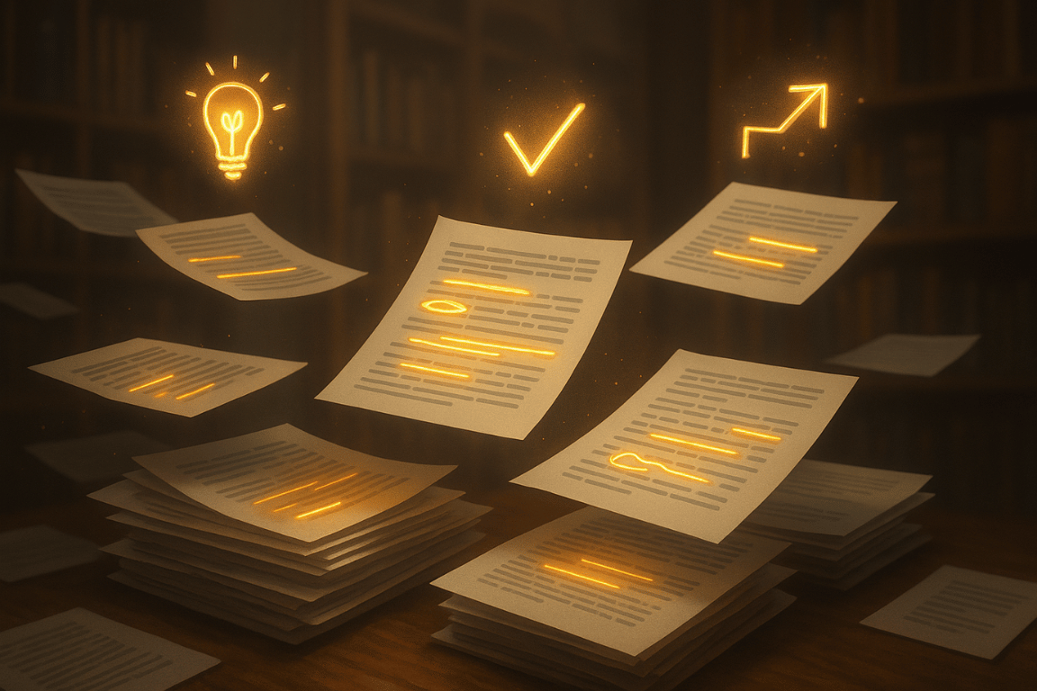 Floating research papers with glowing annotations transforming into organized icons for faster recall