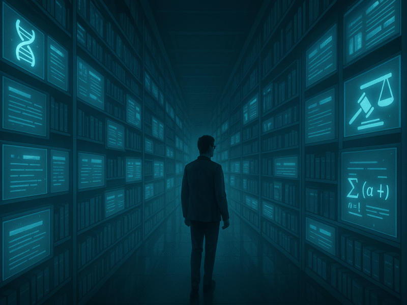 Researcher exploring a cinematic digital library representing top academic databases
