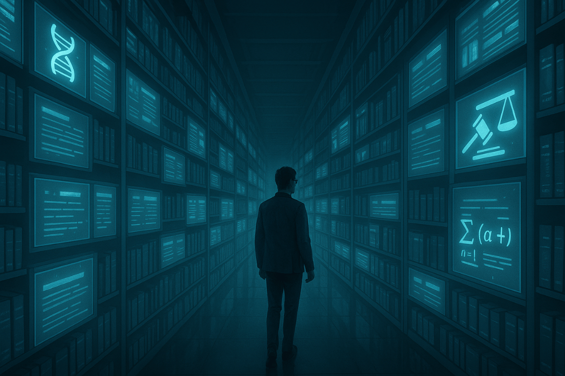 Researcher exploring a cinematic digital library representing top academic databases