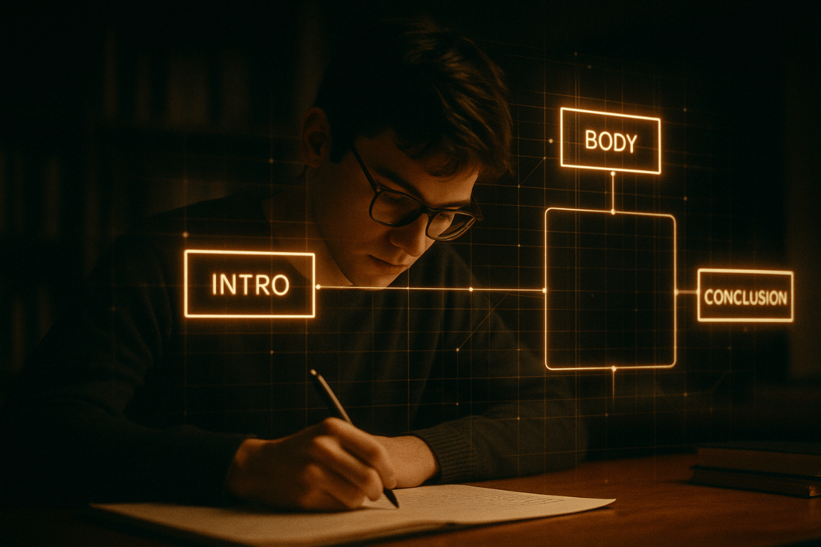 Student surrounded by a glowing essay outline structure generated by AI