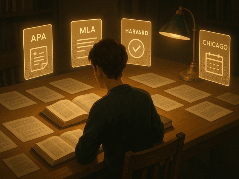 Student at a desk with glowing reference cards representing free citation generators
