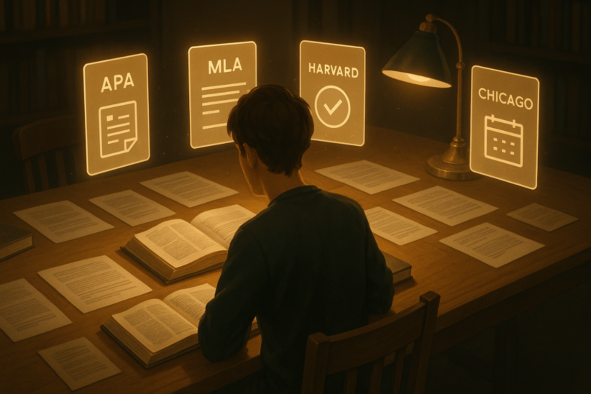 Student at a desk with glowing reference cards representing free citation generators