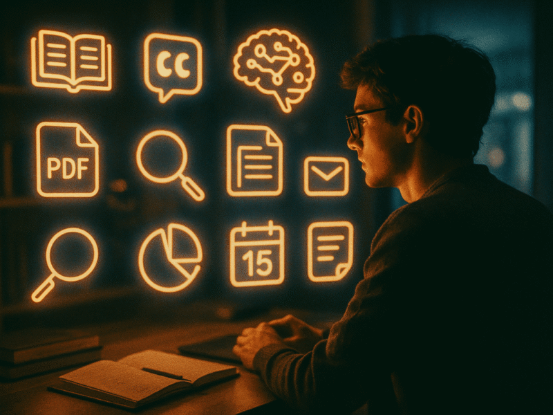 Research student surrounded by floating icons of 10 free academic tools
