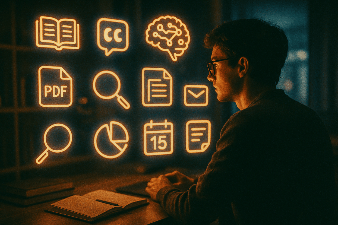 Research student surrounded by floating icons of 10 free academic tools