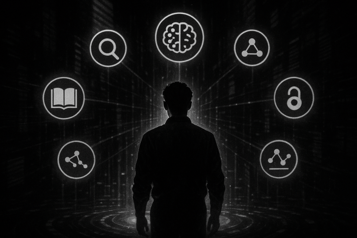 Researcher surrounded by glowing portals representing Google Scholar alternatives