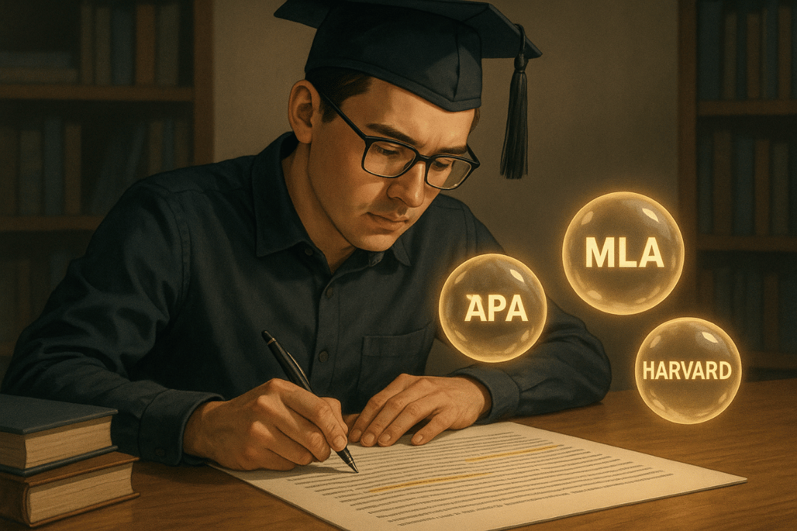 Graduate student writing research paper with glowing APA, MLA, and Harvard in-text citation symbols above