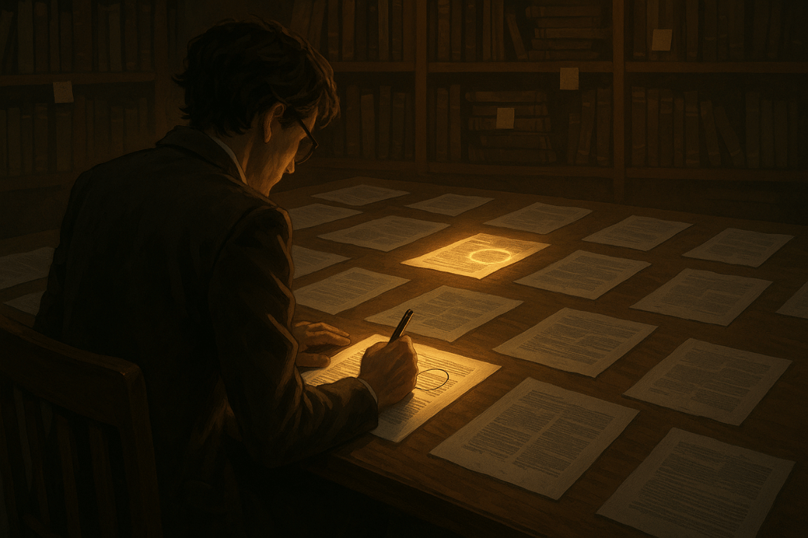 Researcher highlighting gaps in scattered academic papers on a desk