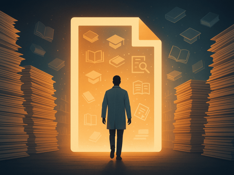 Researcher walking through a glowing open doorway into a digital library of free research papers