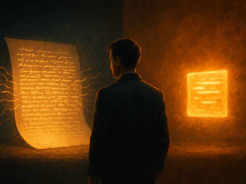 Cinematic split scene showing paraphrasing as rewritten sentences and summarizing as condensed key points
