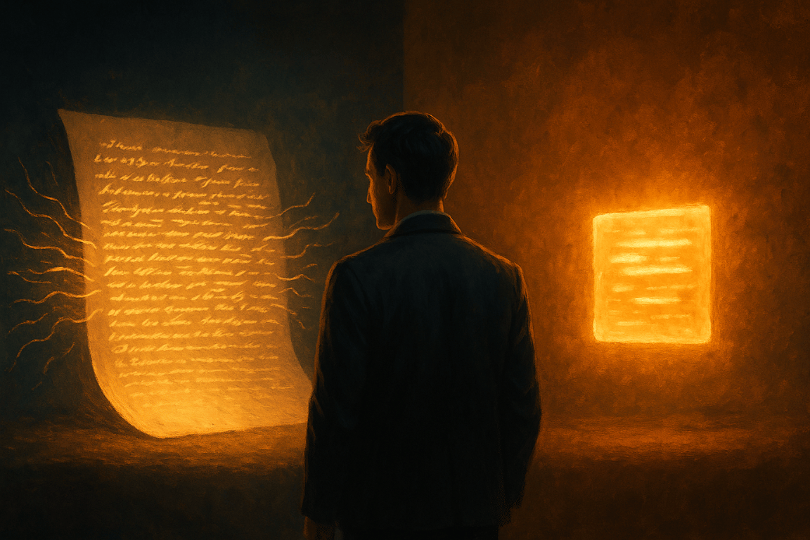 Cinematic split scene showing paraphrasing as rewritten sentences and summarizing as condensed key points