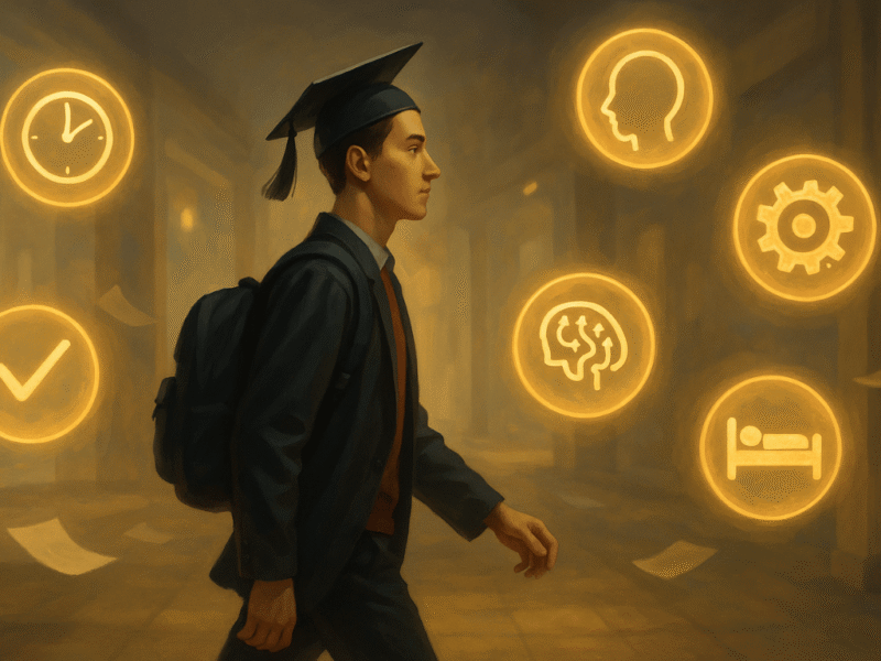 Graduate student walking through symbolic academic space with 7 glowing productivity icons