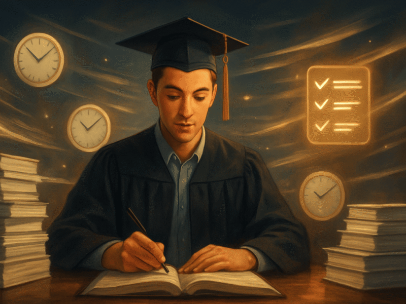 Graduate student surrounded by symbols of productivity like clocks, checklists, and organized papers