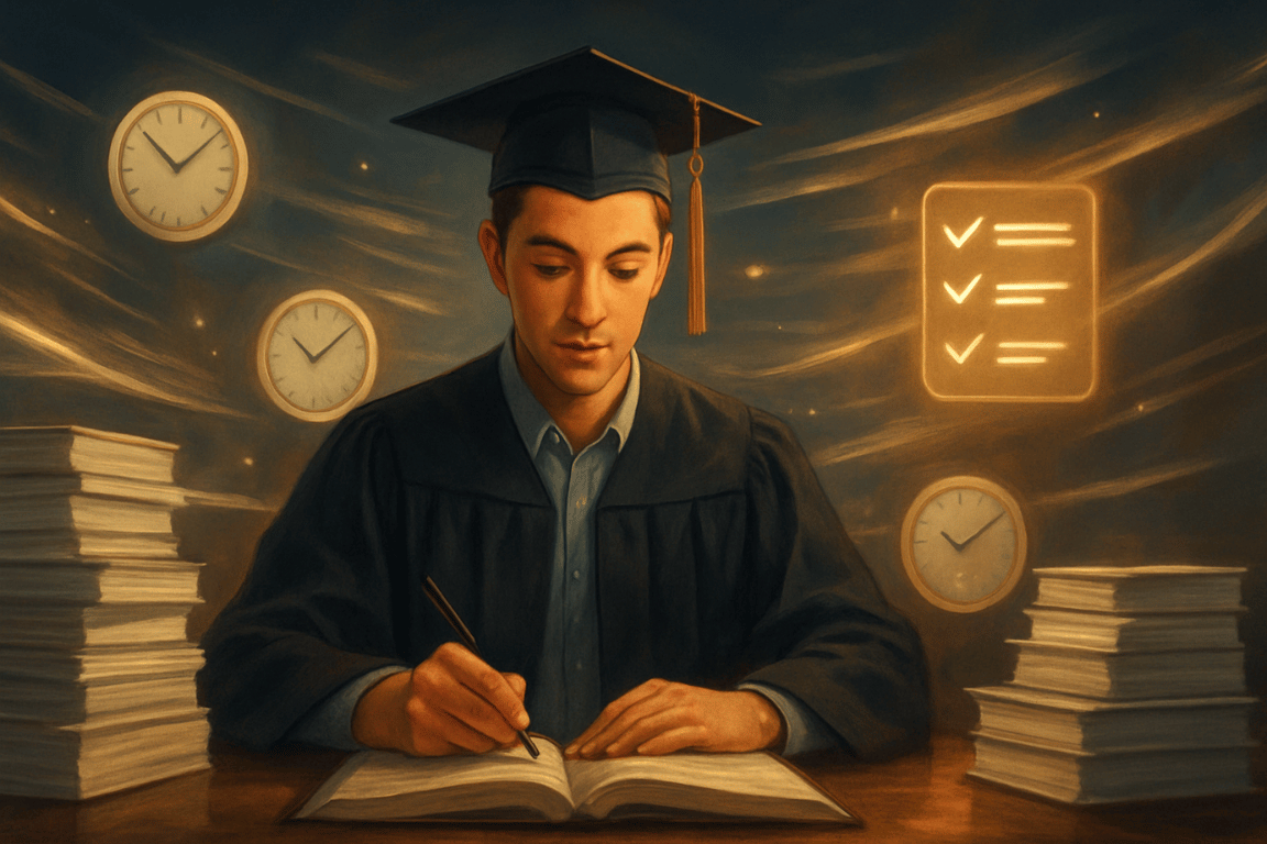 Graduate student surrounded by symbols of productivity like clocks, checklists, and organized papers