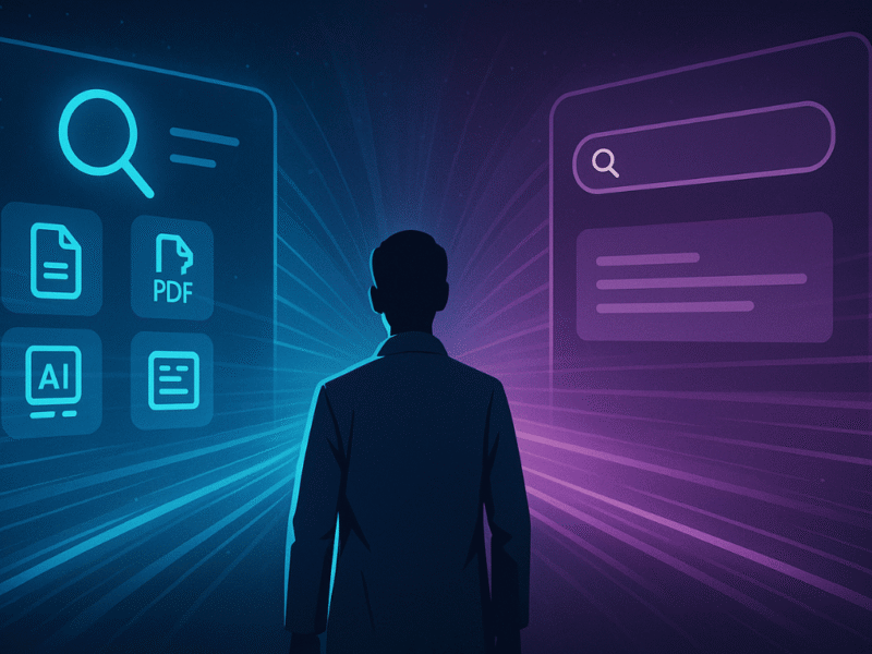 Researcher comparing futuristic interfaces of ResearchPal and Consensus