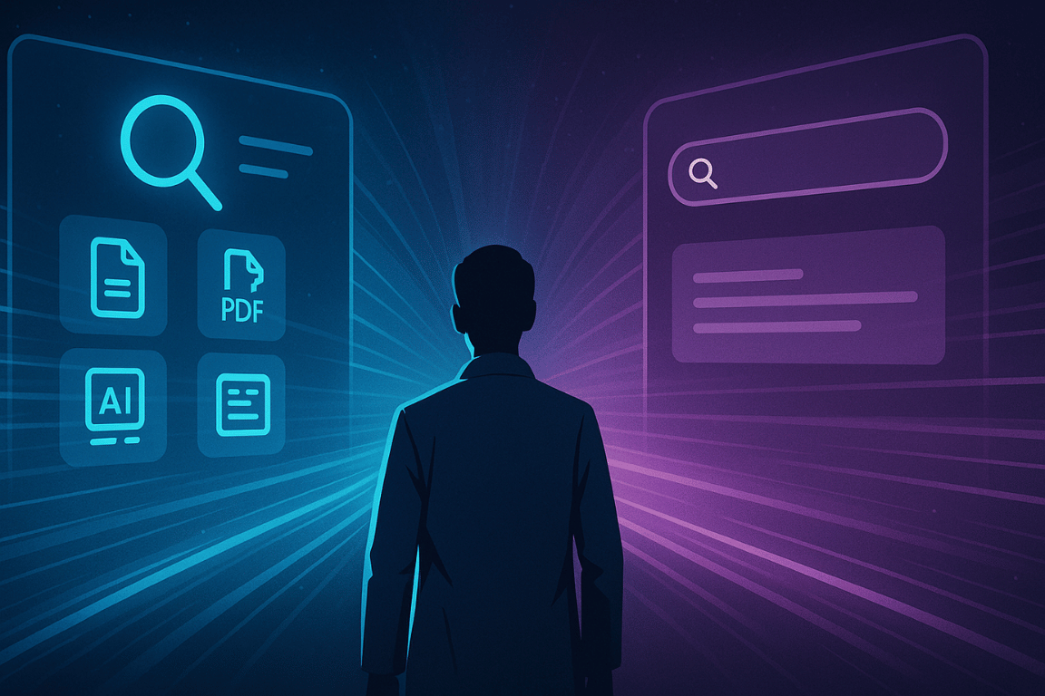 Researcher comparing futuristic interfaces of ResearchPal and Consensus
