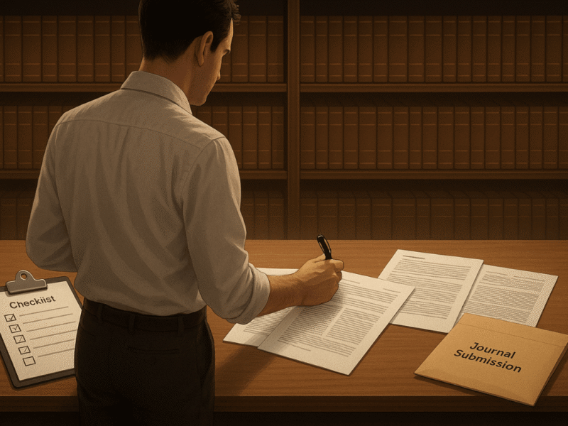 Researcher reviewing a checklist before submitting a paper to a journal