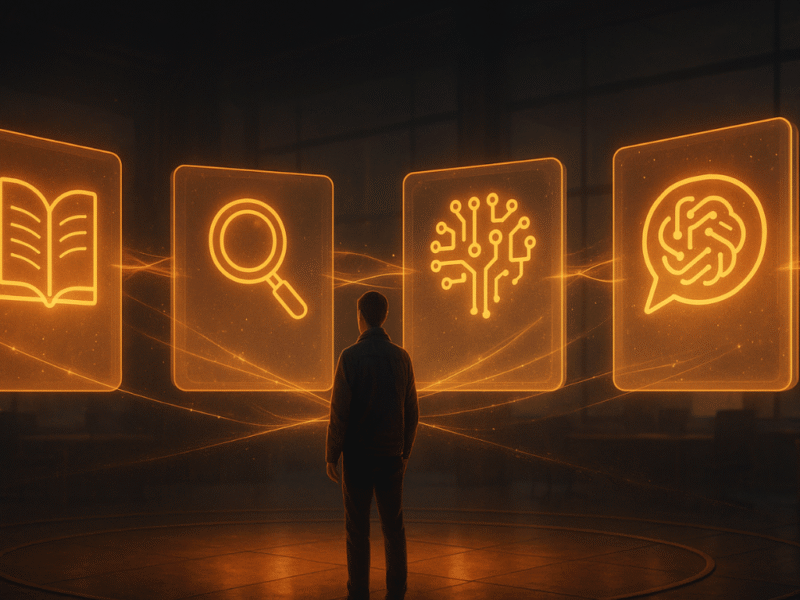 Researcher comparing glowing holographic panels representing different AI literature review generators