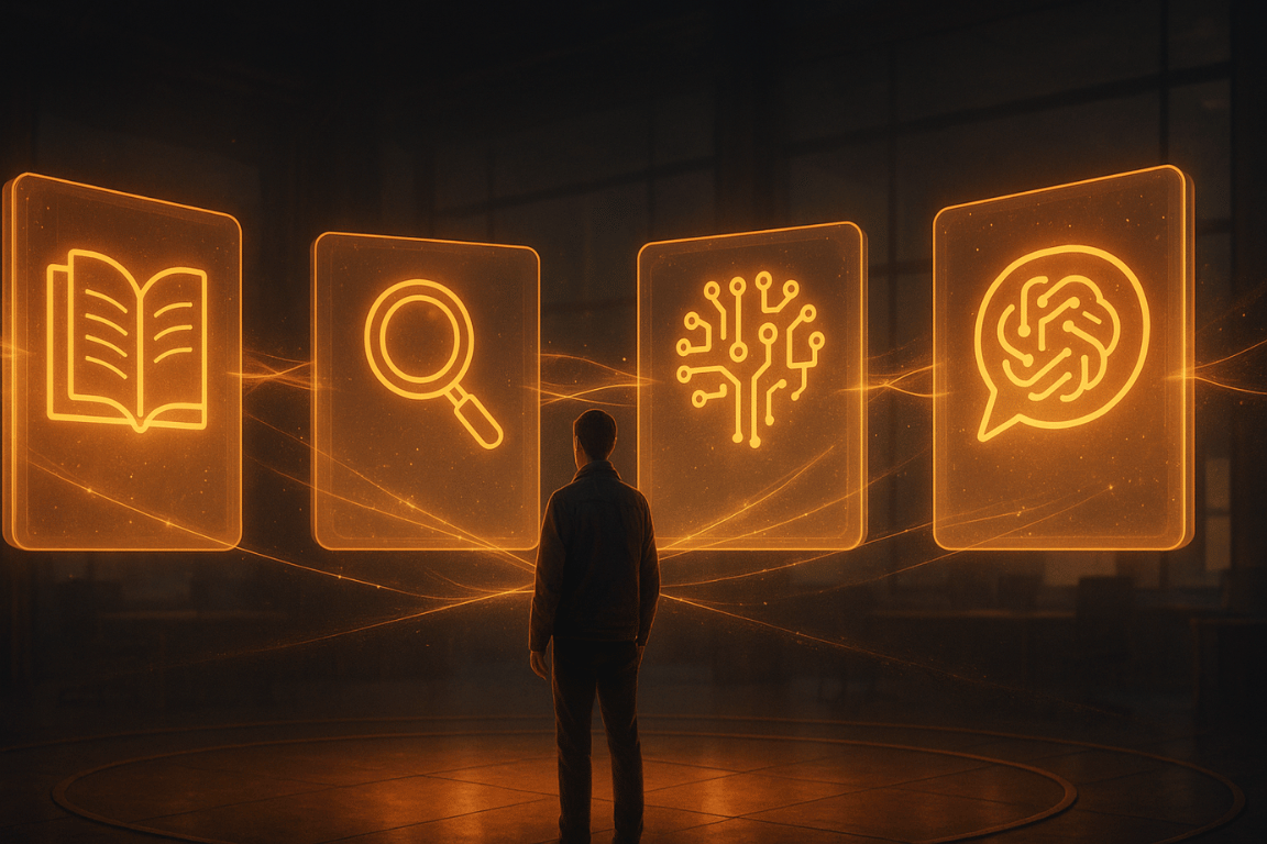Researcher comparing glowing holographic panels representing different AI literature review generators