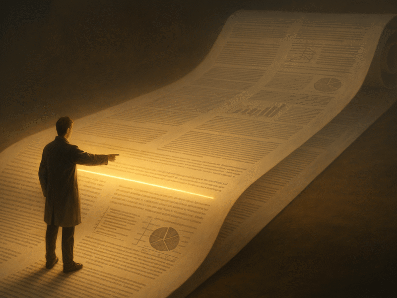 Glowing thesis statement at the start of a long research paper scroll guiding the rest of the text