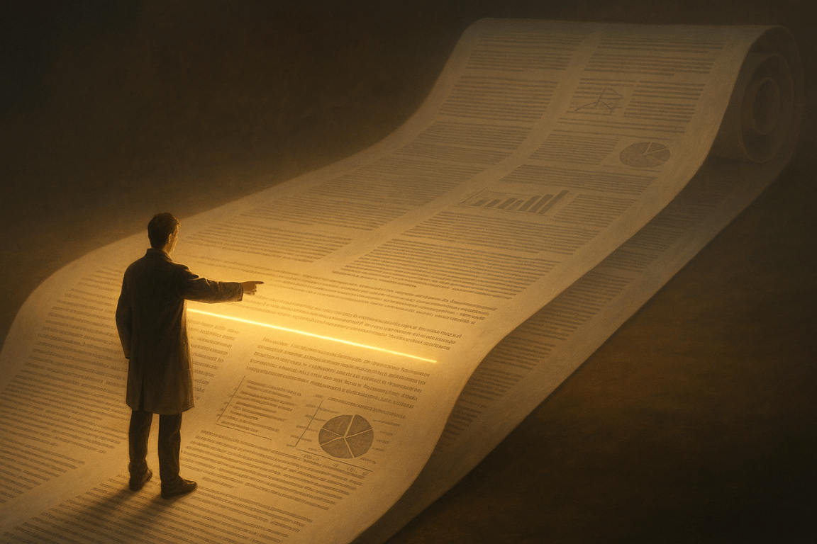 Glowing thesis statement at the start of a long research paper scroll guiding the rest of the text
