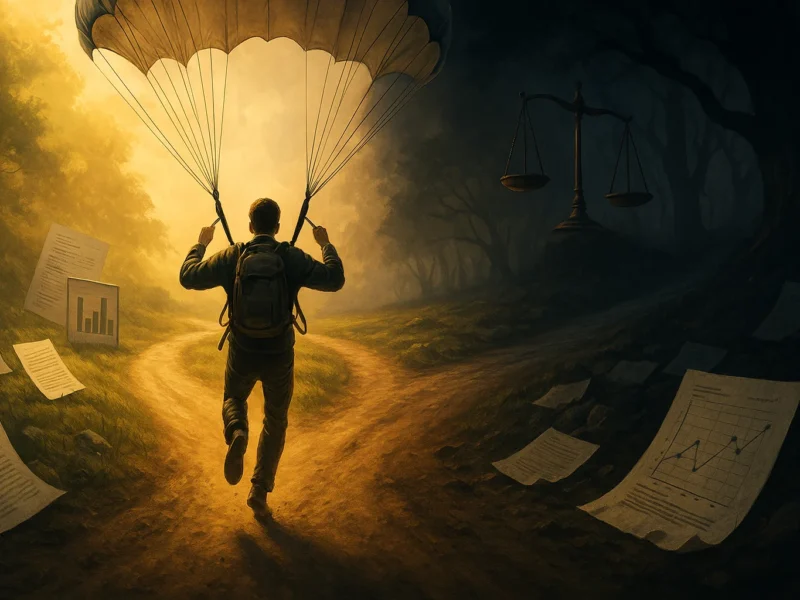 Researcher choosing between integrity and academic misconduct symbolized by two contrasting paths.