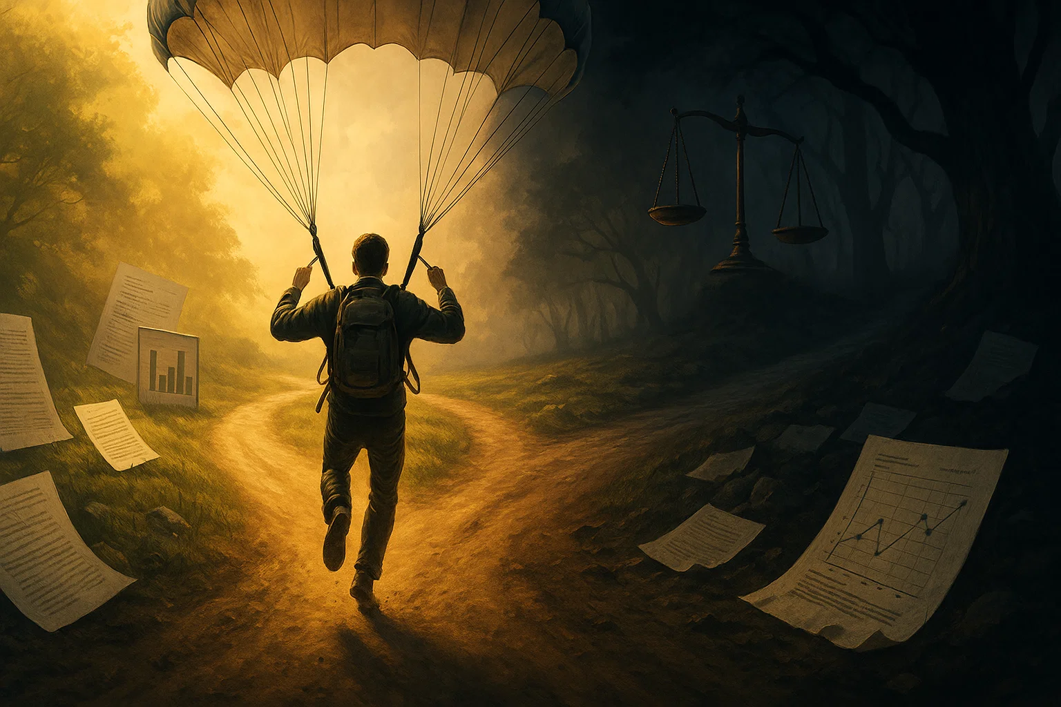 Researcher choosing between integrity and academic misconduct symbolized by two contrasting paths.