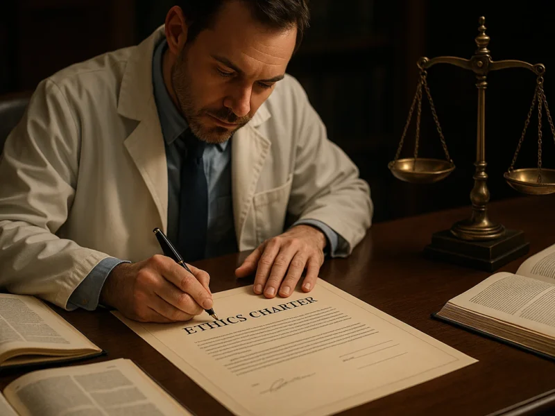 Researcher committing to ethical publishing standards with symbolic scales of integrity.