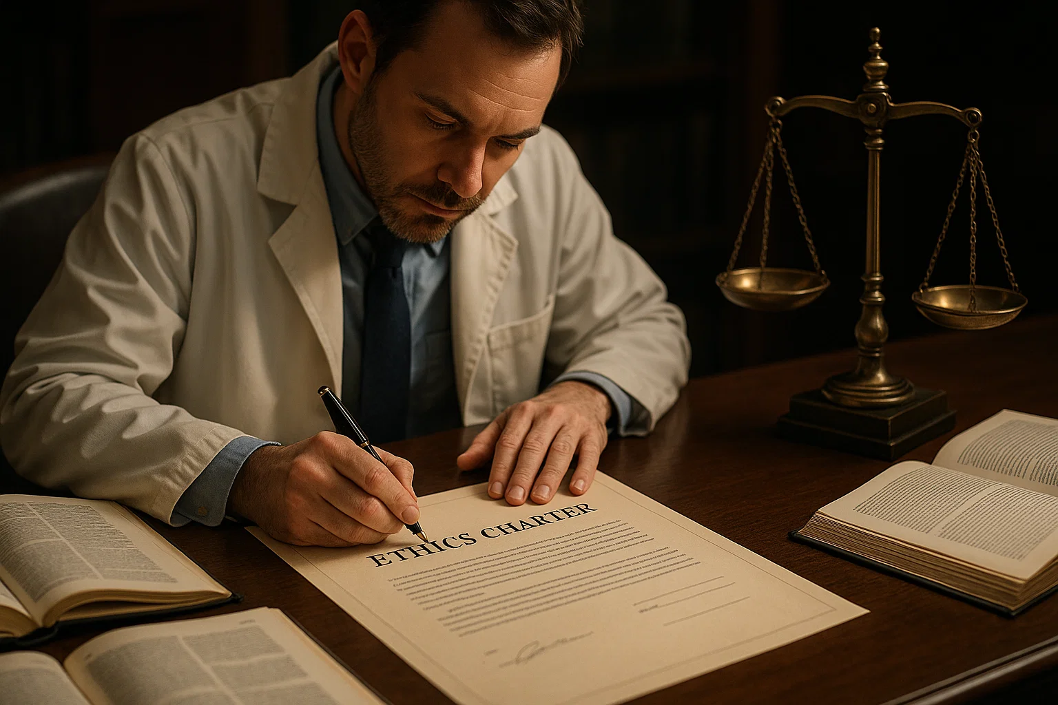 Researcher committing to ethical publishing standards with symbolic scales of integrity.