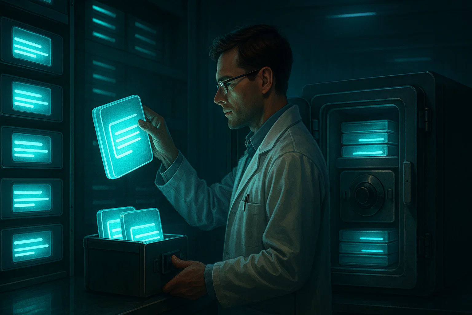 Researcher securely archiving digital data after completing a research project.