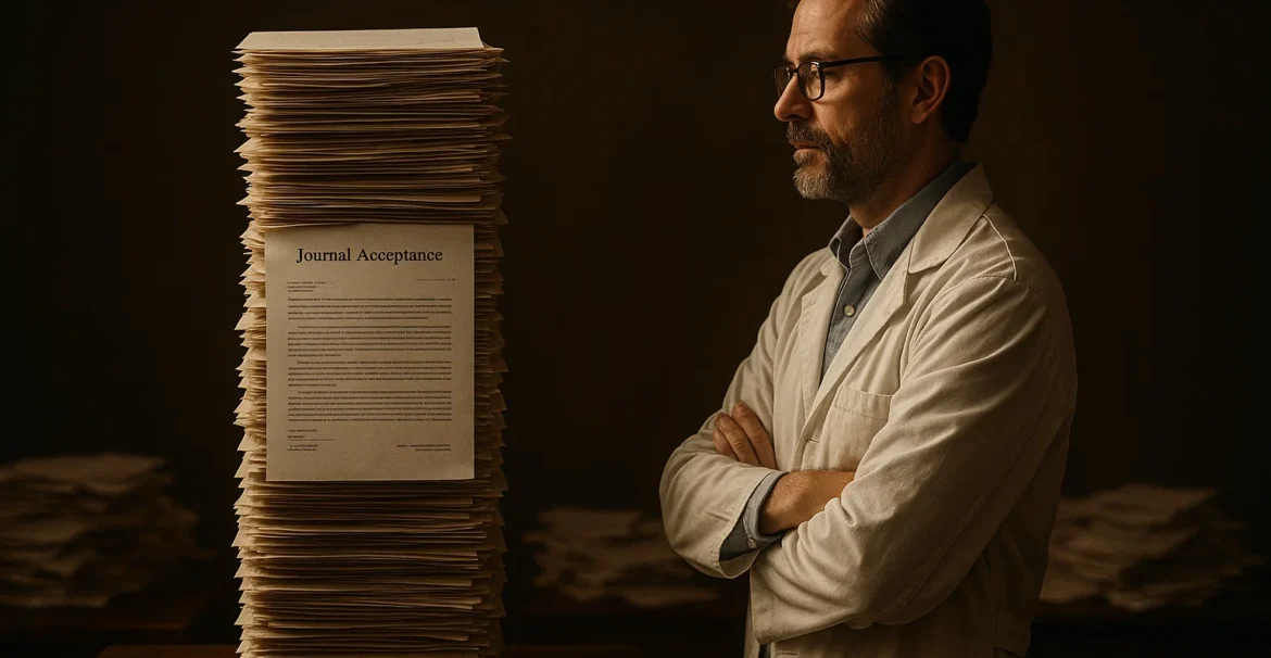 Researcher celebrating acceptance of a paper in a top academic journal.