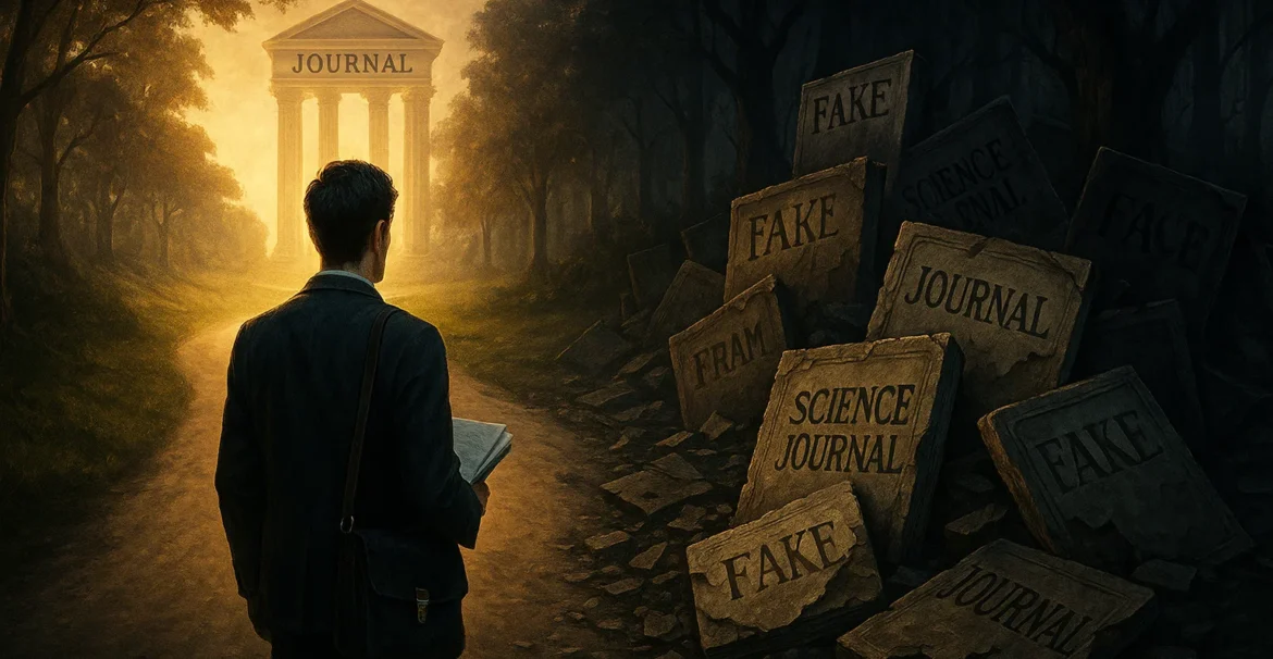 Researcher choosing between credible and predatory journals at a symbolic crossroads