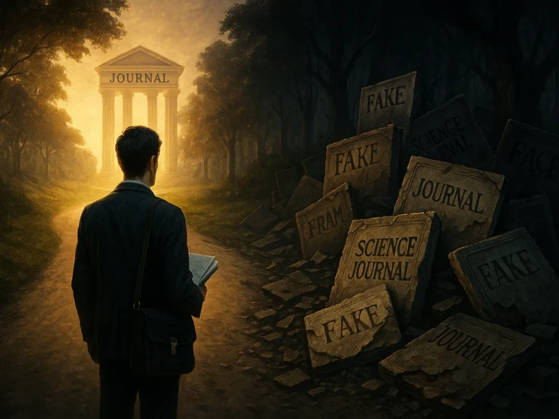 Researcher choosing between credible and predatory journals at a symbolic crossroads