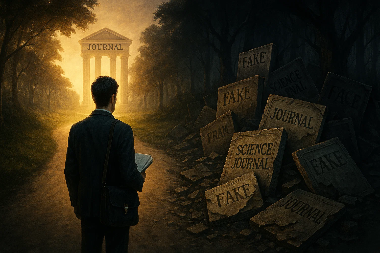 Researcher choosing between credible and predatory journals at a symbolic crossroads