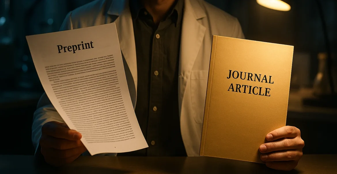 Researcher comparing preprints and journal articles represented as two glowing documents.