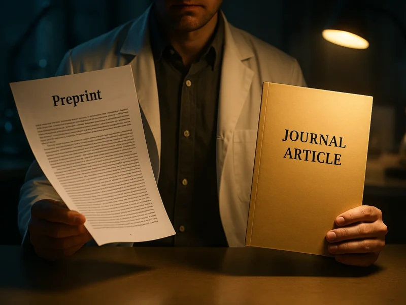 Researcher comparing preprints and journal articles represented as two glowing documents.