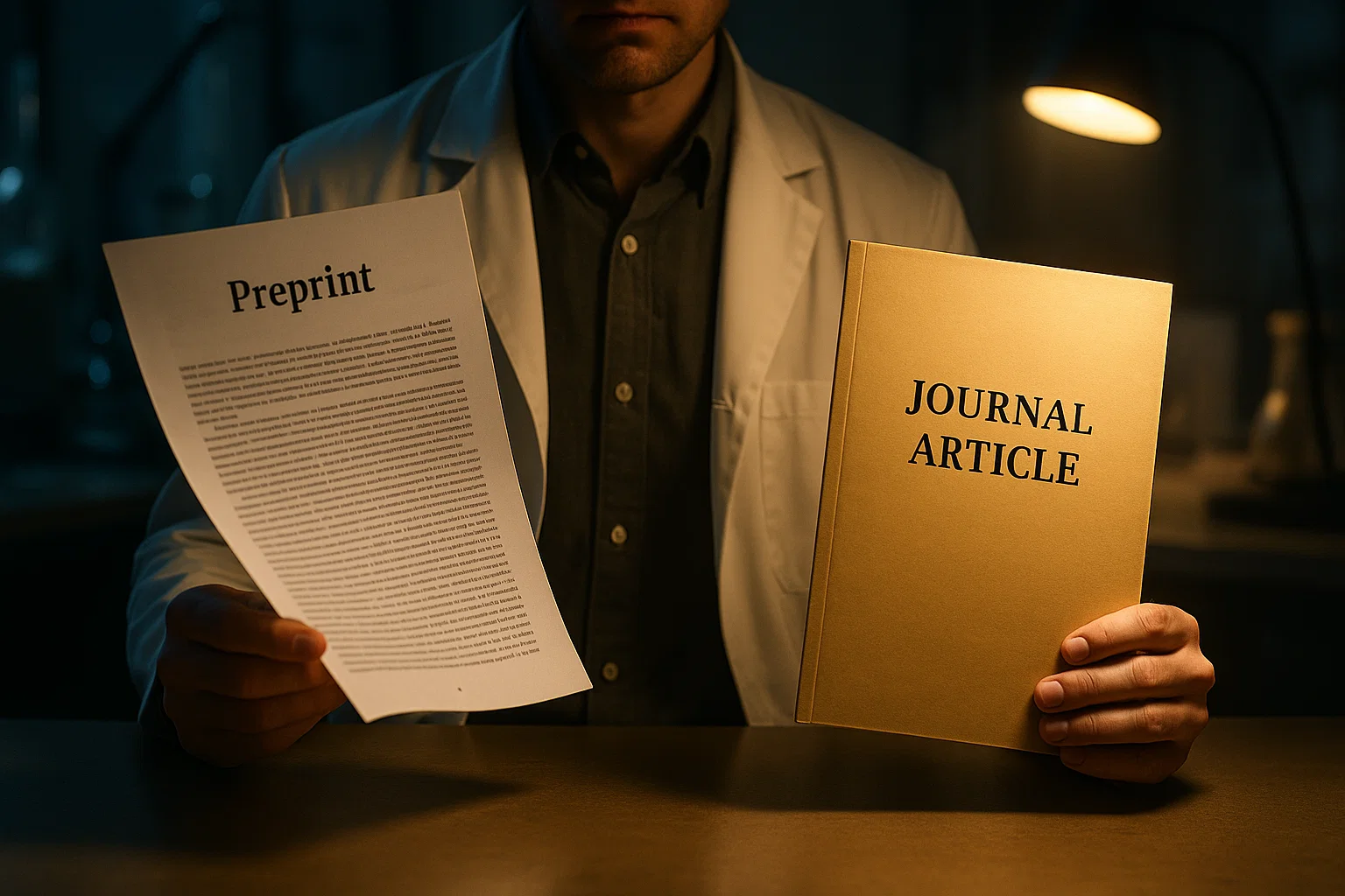 Researcher comparing preprints and journal articles represented as two glowing documents.
