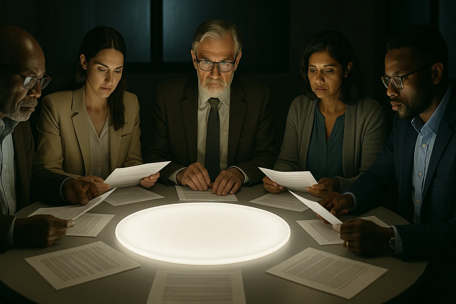 Diverse research ethics committee reviewing proposals in a transparent academic setting