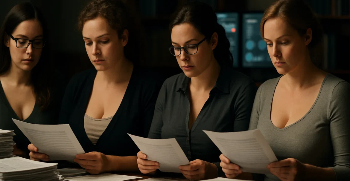 Journal editors reviewing research manuscripts during the publication process.