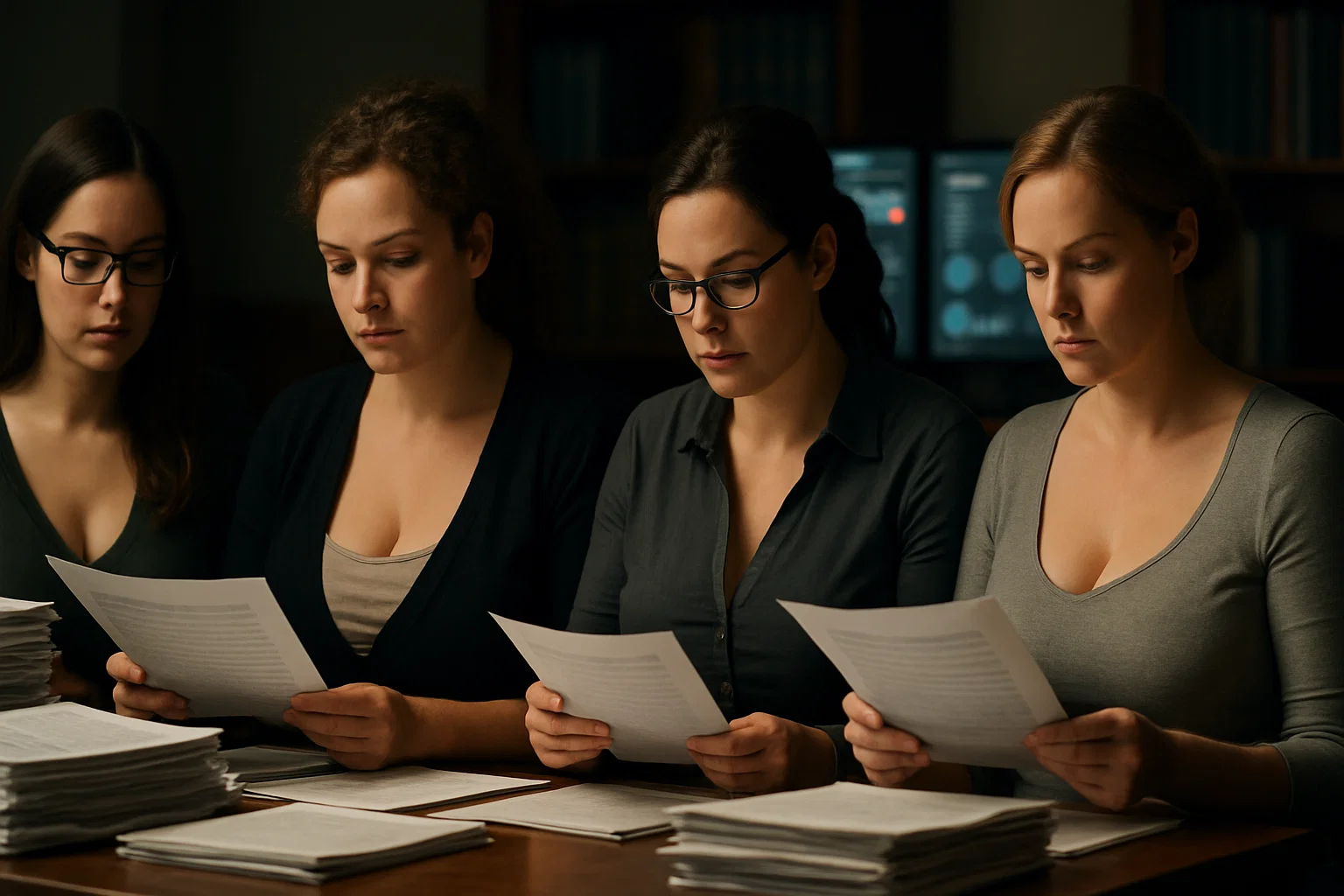 Journal editors reviewing research manuscripts during the publication process.