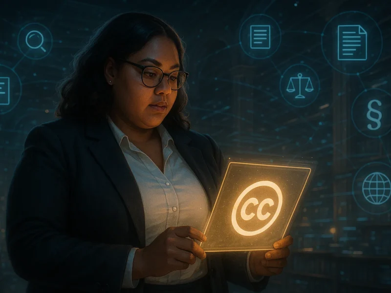 Female researcher examining digital Creative Commons open access license options.