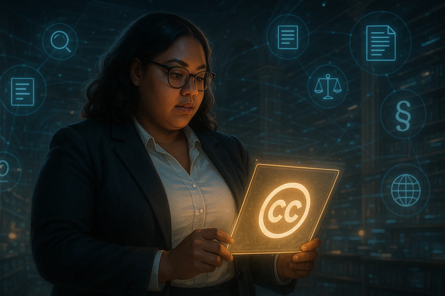 Female researcher examining digital Creative Commons open access license options.