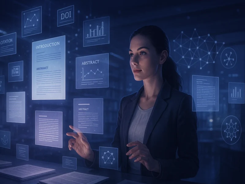 Female researcher using generative AI tools in a futuristic academic workspace, representing future of academic writing